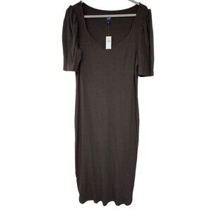 Gap Womens Puff Sleeve Ribbed Knit Sweetheart Midi Dress NWT Size Large Brown